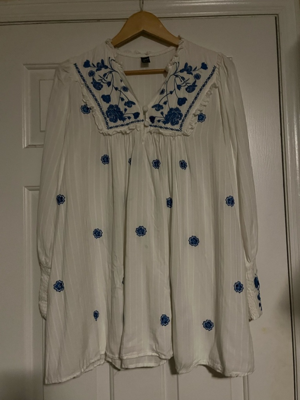 shein white boho dress with blue embroidery